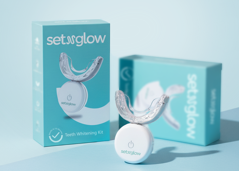 Setasglow teeth whitening kit with packaging on a light blue background